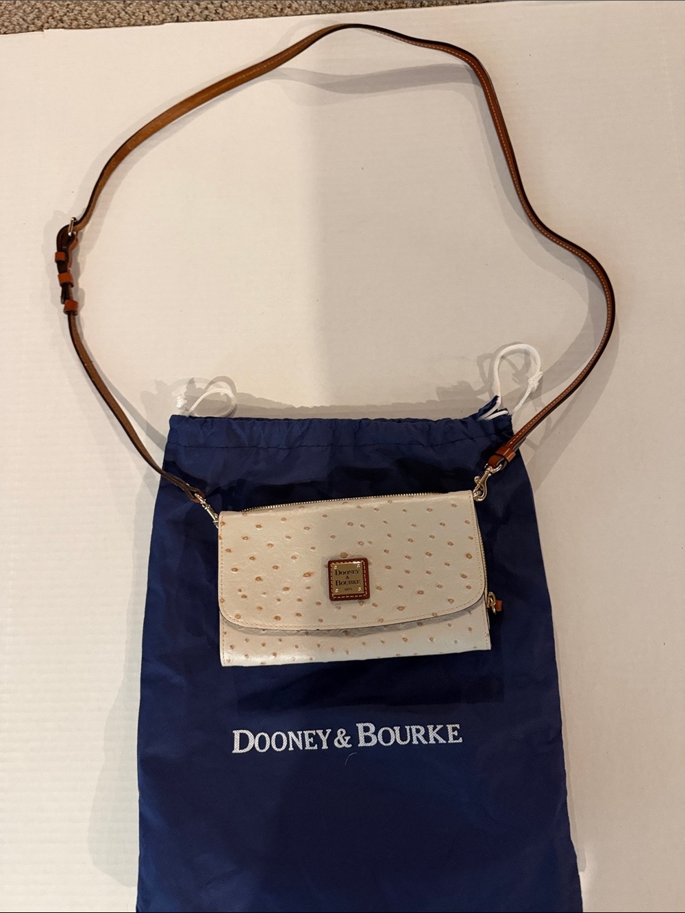 Dooney & Bourke White Ostrich-Embossed Crossbody with Tan Strap - Picture 1 of 4